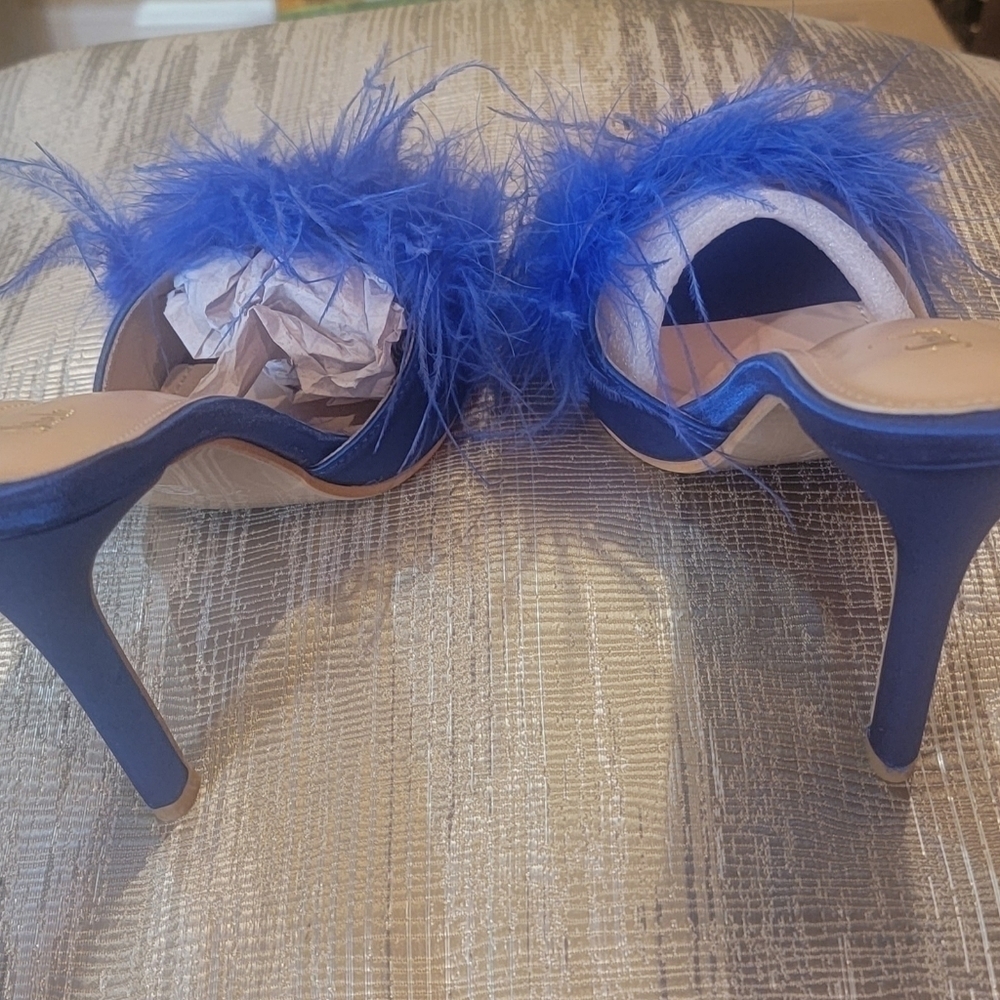 Royal Blue High Heel Stiletto Feather Fluffy Sandals/Sexy Slippers/Mules/Slides - Picture 6 of 15
